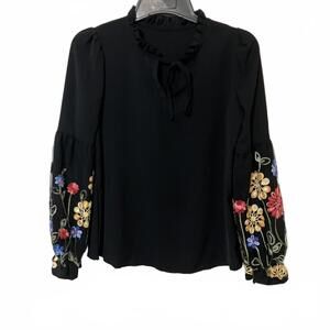 Black Long Sleeve Embroidered Floral Sleeves Cottagecore Boho Blouse Size Small